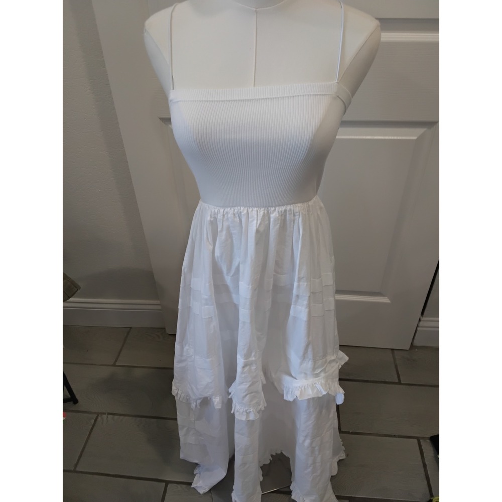 Zara White Ribbed Knit‎ Tiered Ruffle Midi Dress Spaghetti Strap Womens Medium